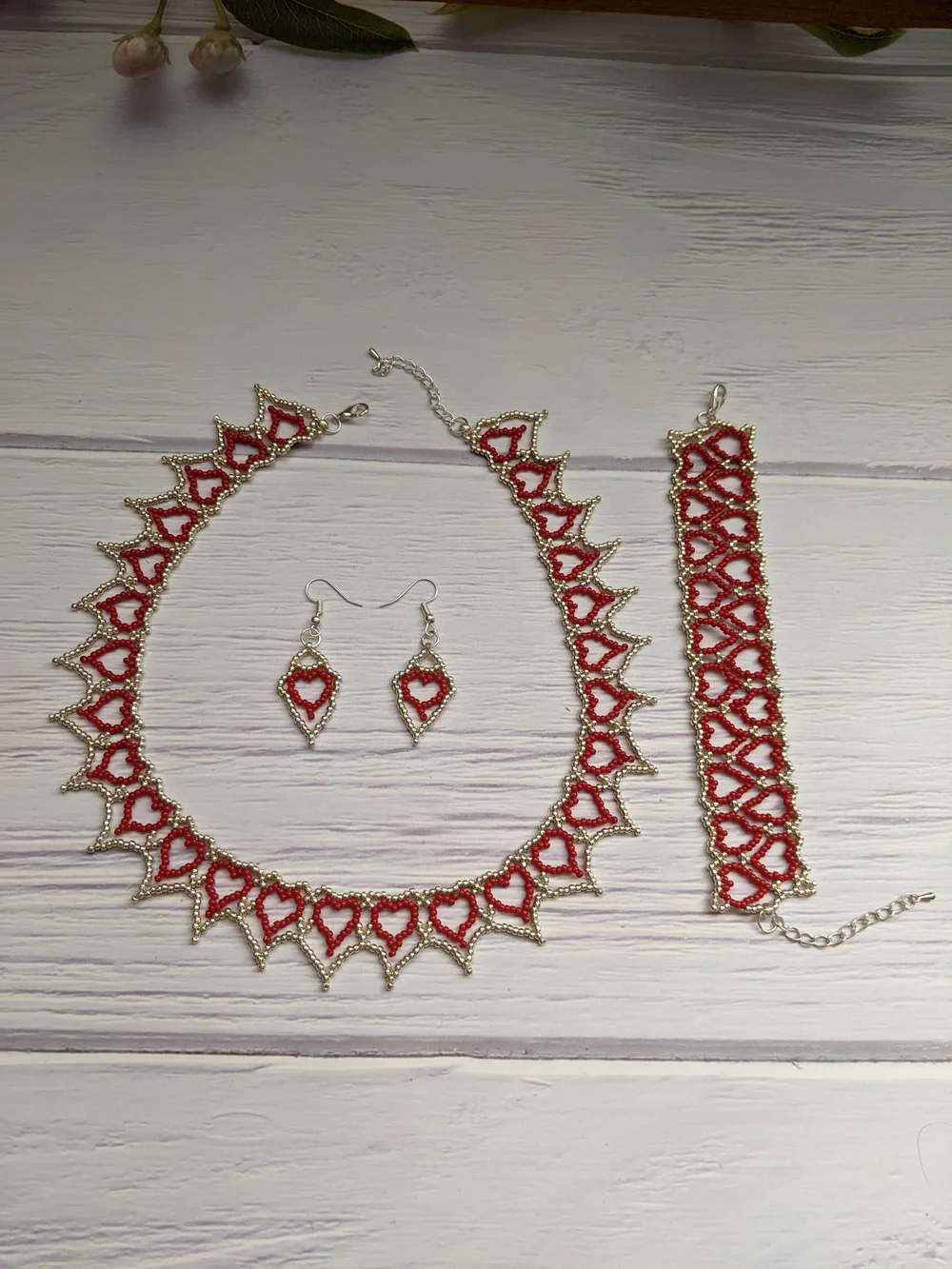 Handmade Red Heart Beaded Jewelry Set - Necklace, Bracelet & Earrings